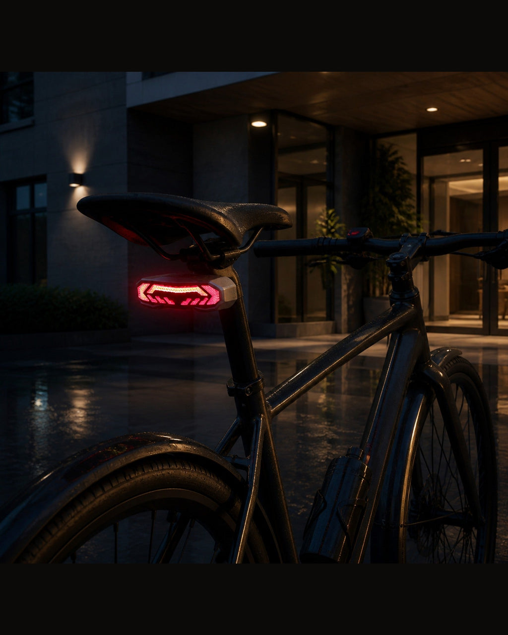 Bicycle parked outdoors at night with red OPlace tail light illuminated