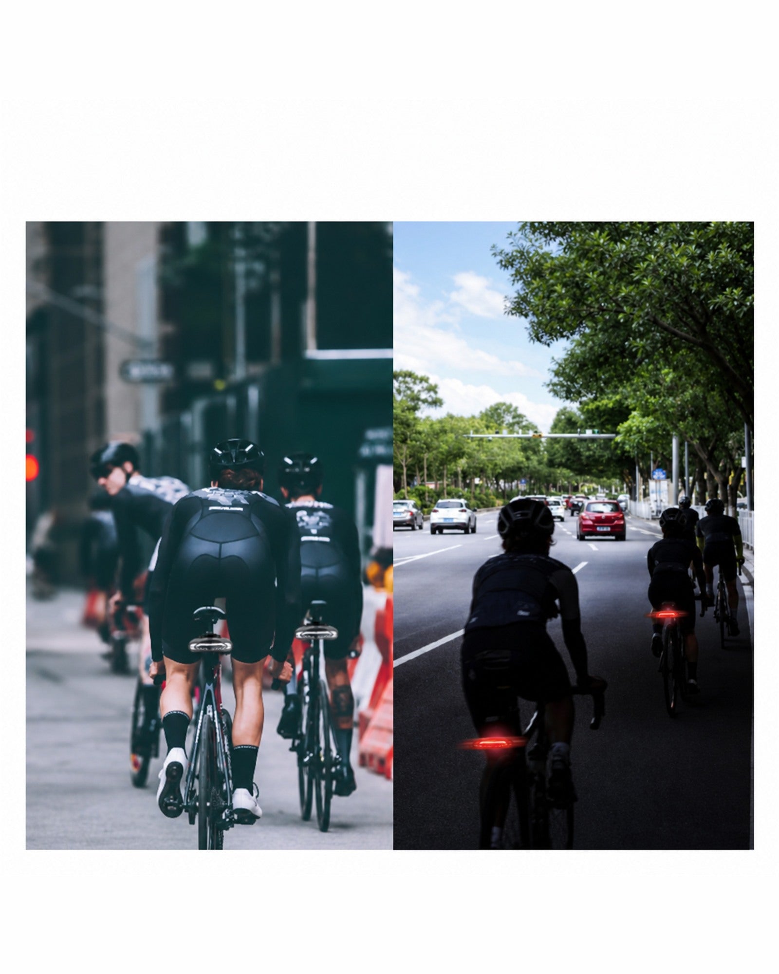 Road cyclists viewed from behind in daytime traffic