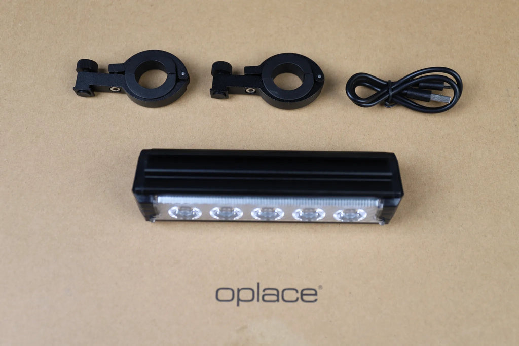 Multi-LED USB-C rechargeable bike front light kit with two mounts and a USB cable