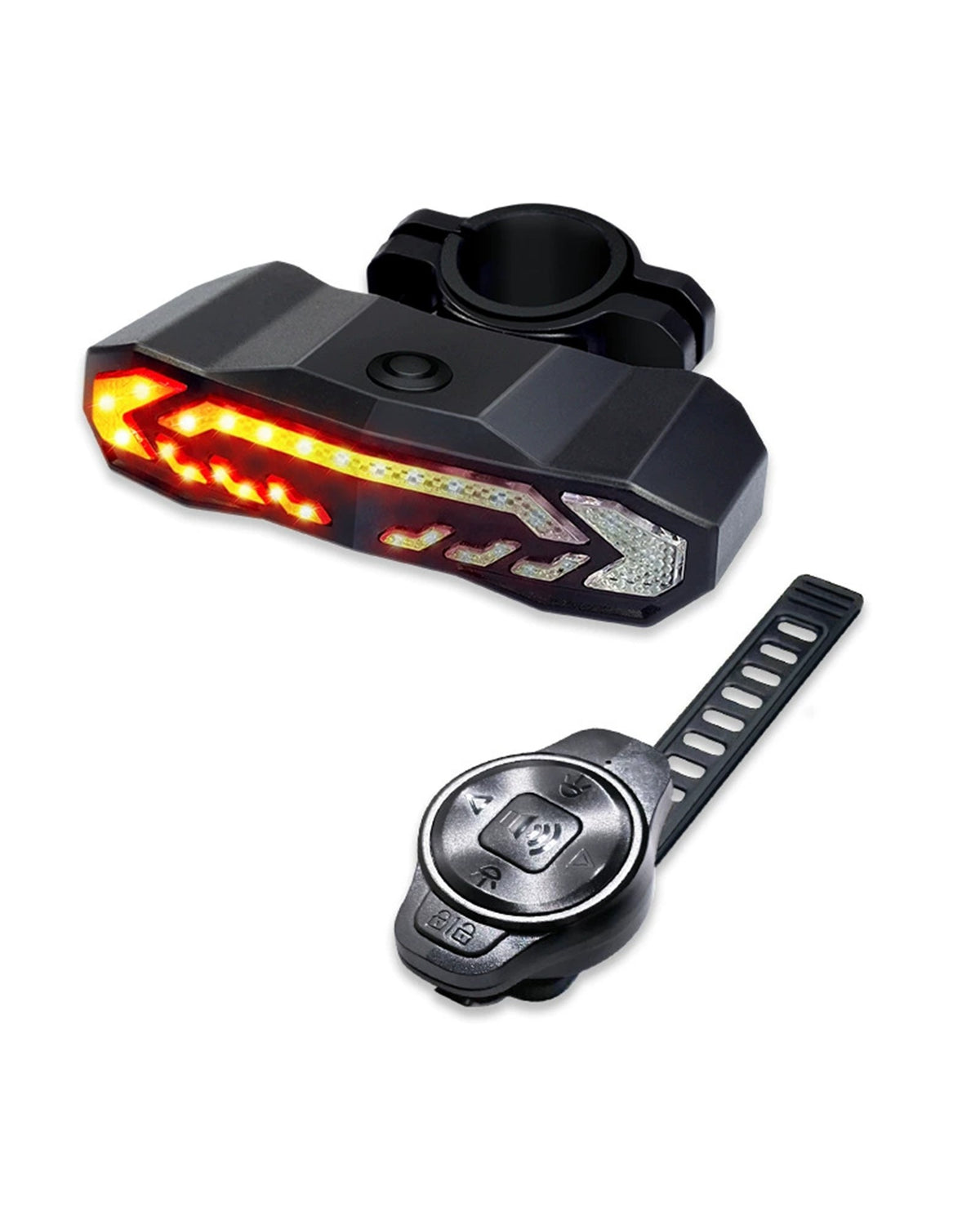 Brake-sensing alarm bike tail light with wireless remote and accessories