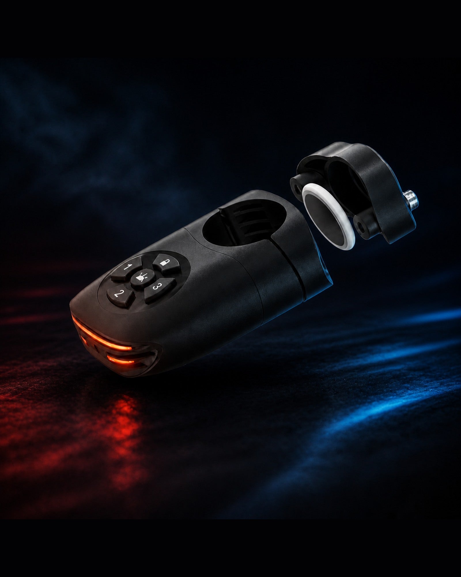 Find My-ready alarm bike tail light and remote photographed on a dark blue surface