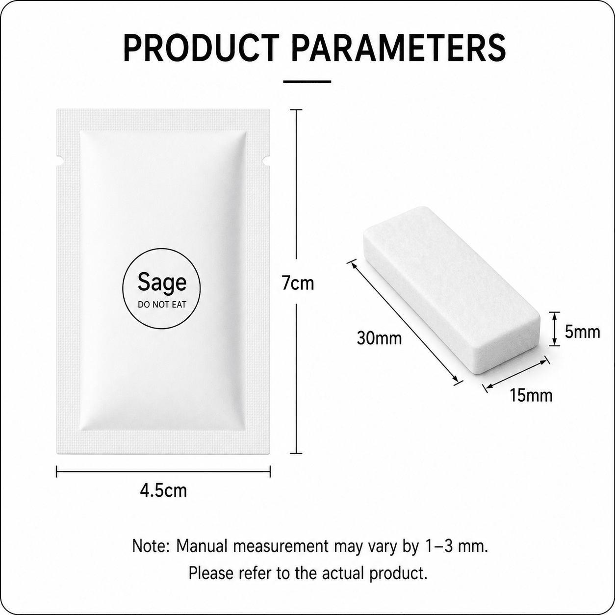 Sage scent pad sachet and rectangular pad with published dimensions