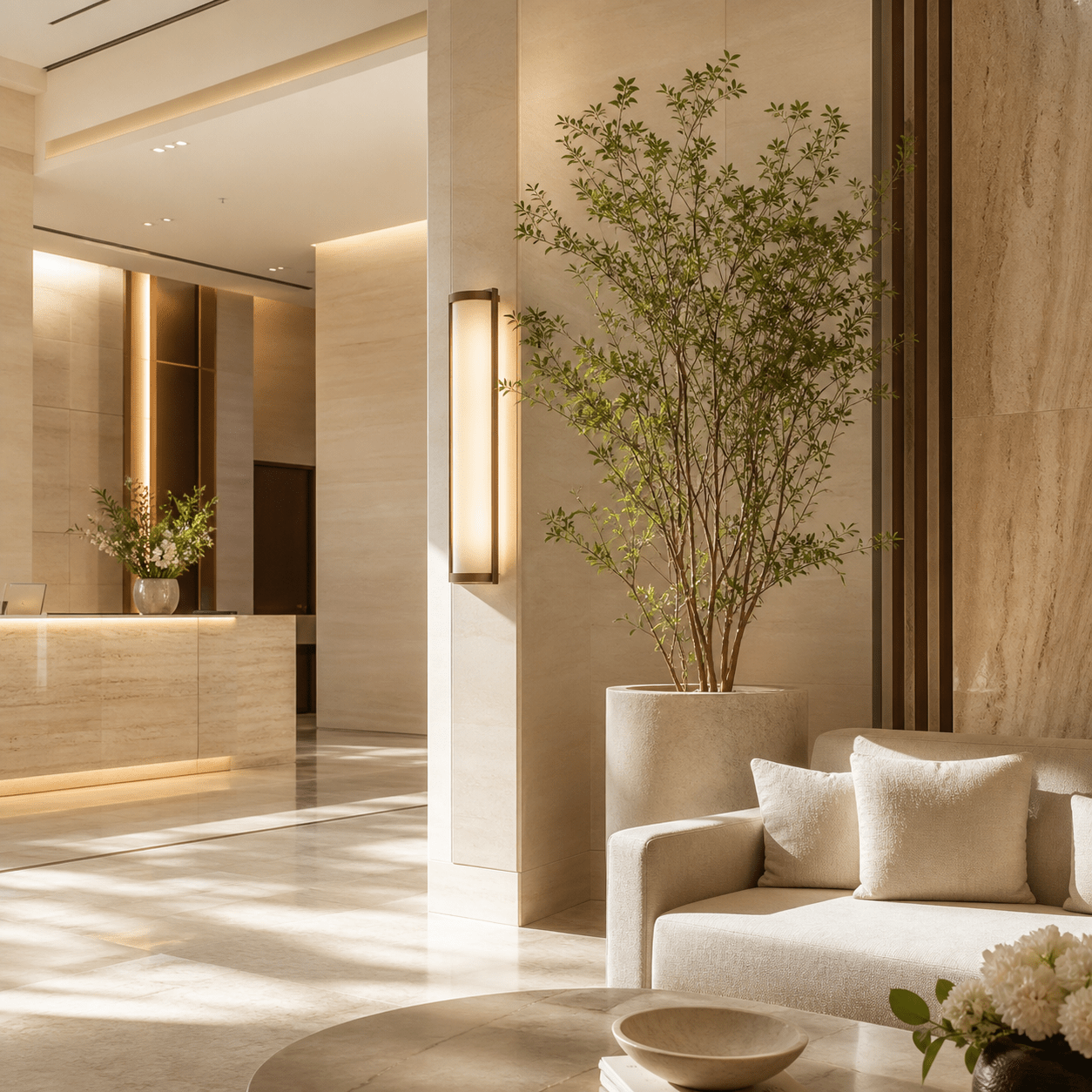 Hotel lobby interior representing the Hilton helmet dryer scent pad option