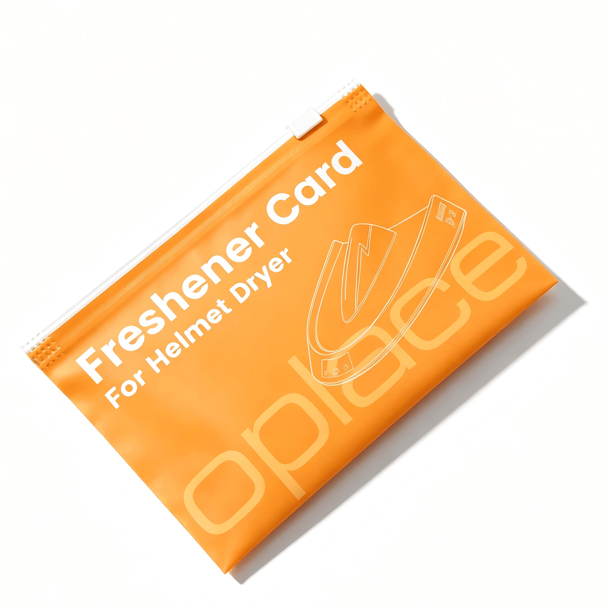 Orange OPlace helmet dryer freshener card packet on a white background