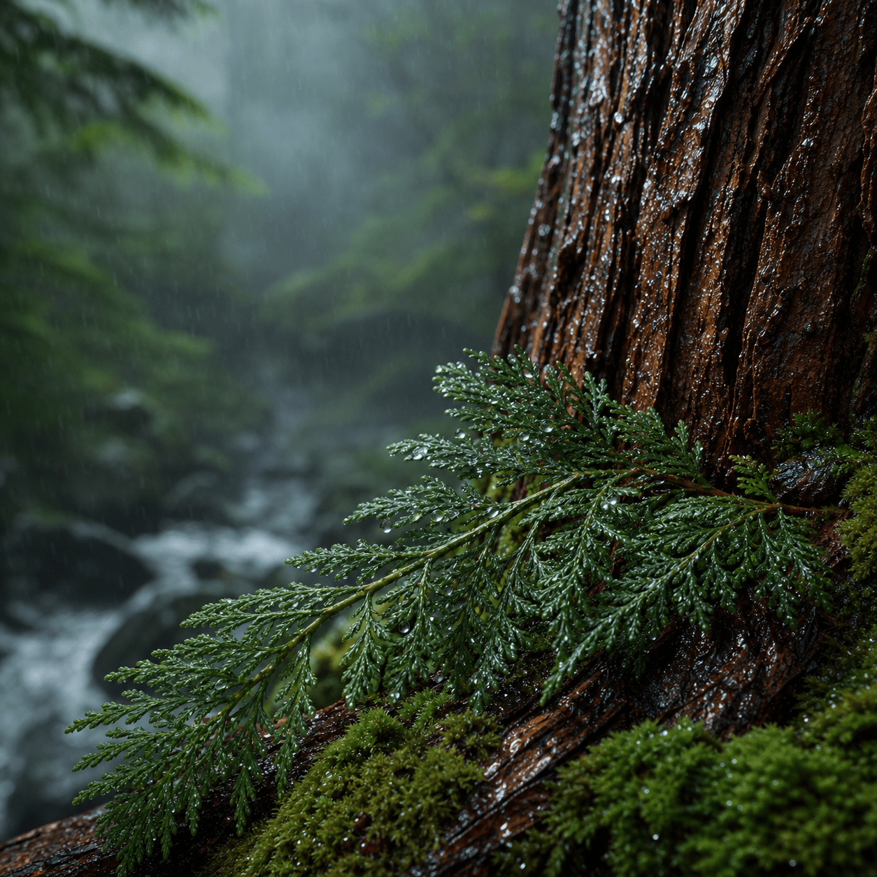 Cedar branch in a damp forest representing the After Rain Cedar scent option
