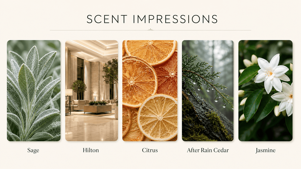 Five OPlace scent impressions for sage, Hilton, citrus, cedar and jasmine