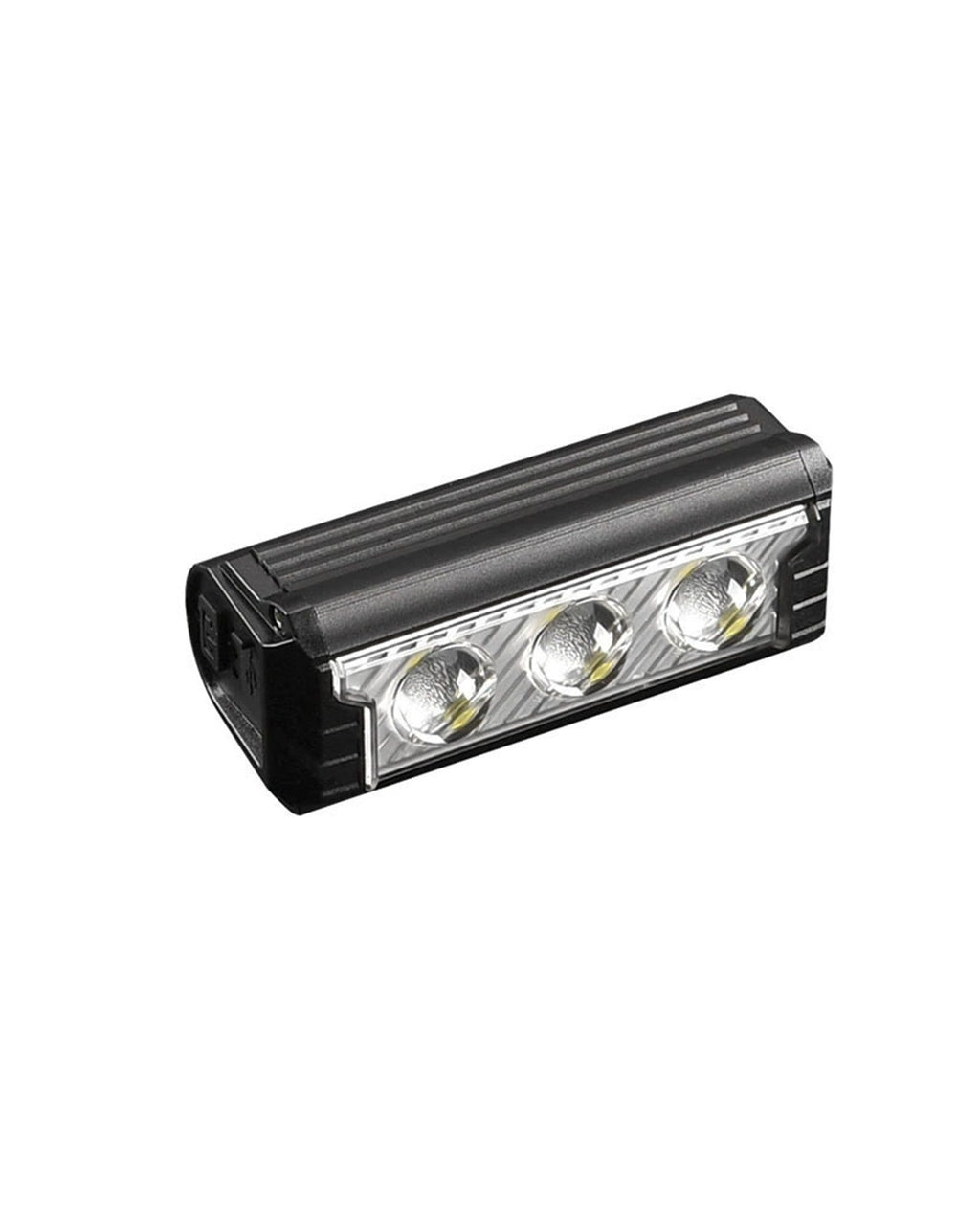 Black multi-LED USB-C rechargeable bike front light with lens row shown on white