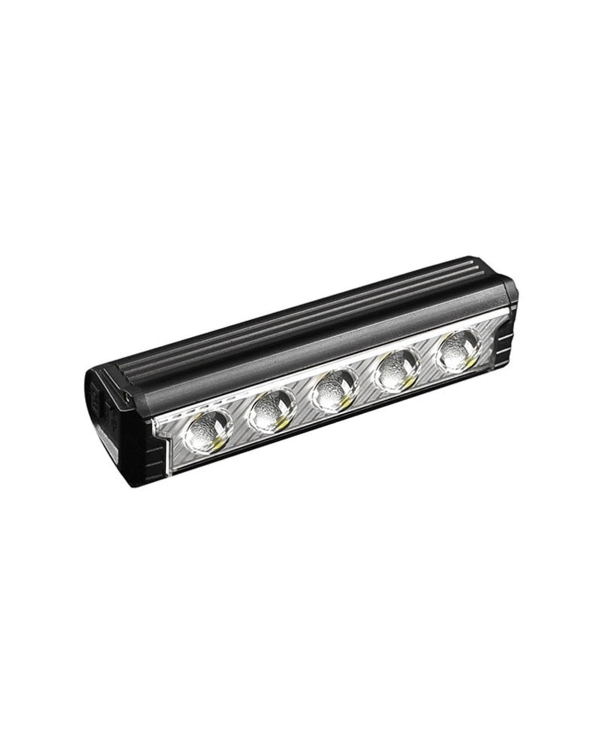 Close angled view of a multi-LED USB-C rechargeable bike front light on white
