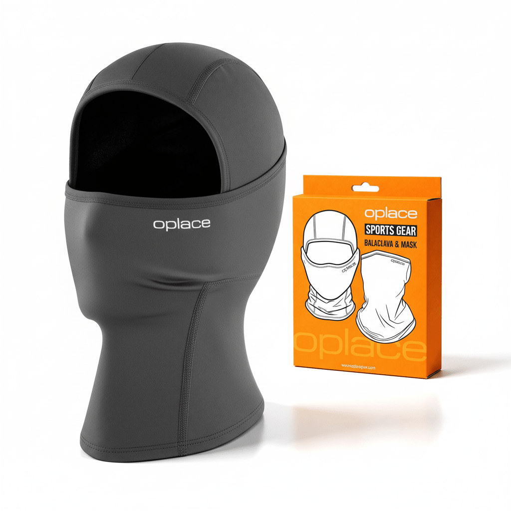 Gray OPlace motorcycle balaclava beside orange retail packaging