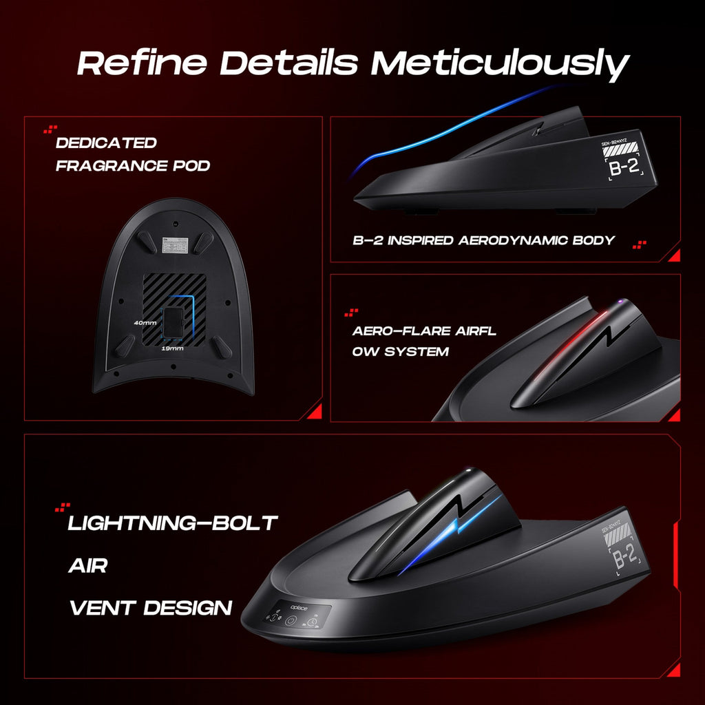 Smart Helmet and Gear Dryer Pro feature graphic showing fragrance pod, airflow body and vent design