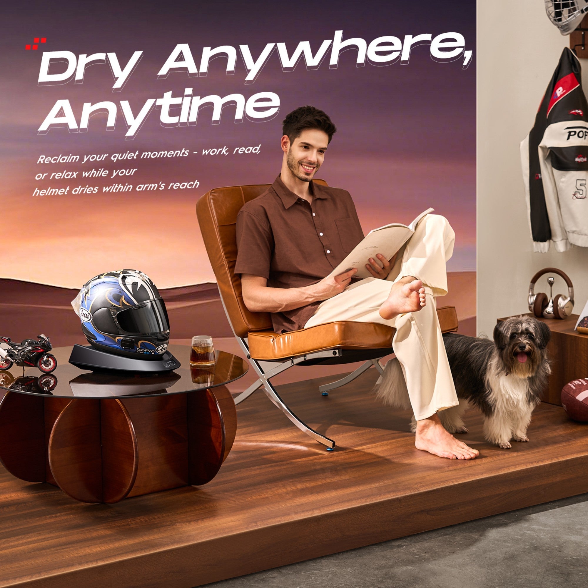 Smart Helmet and Gear Dryer Pro drying a helmet beside a seated rider and a dog indoors