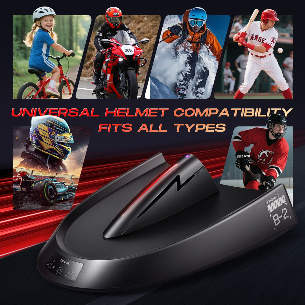 Smart Helmet and Gear Dryer Pro shown with motorcycle, cycling and sports helmets in a compatibility collage