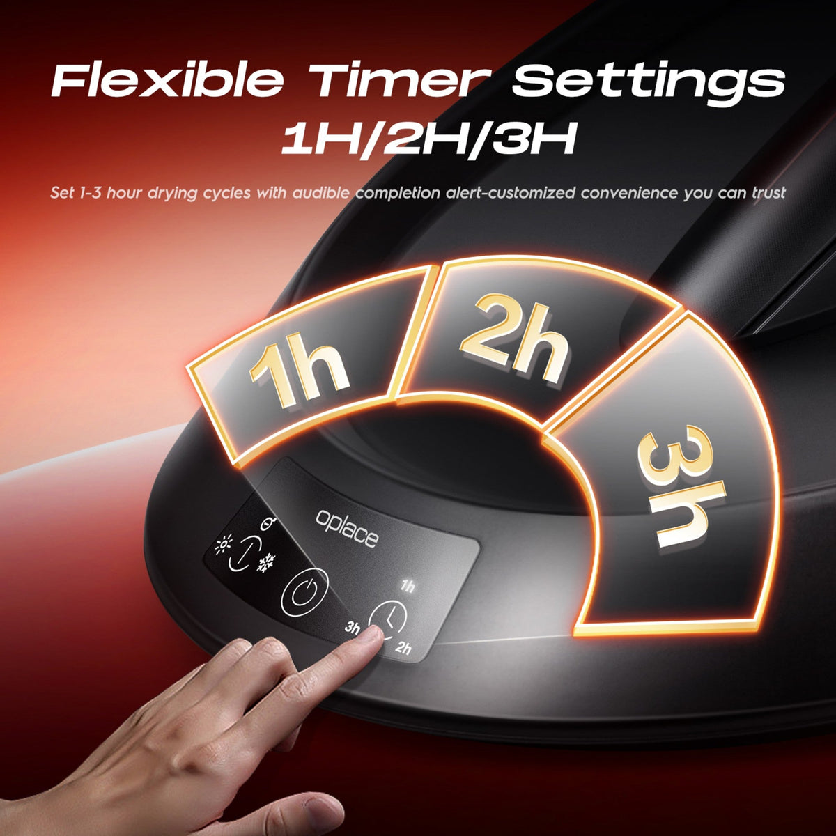 Smart Helmet and Gear Dryer Pro timer control graphic showing 1h, 2h and 3h settings