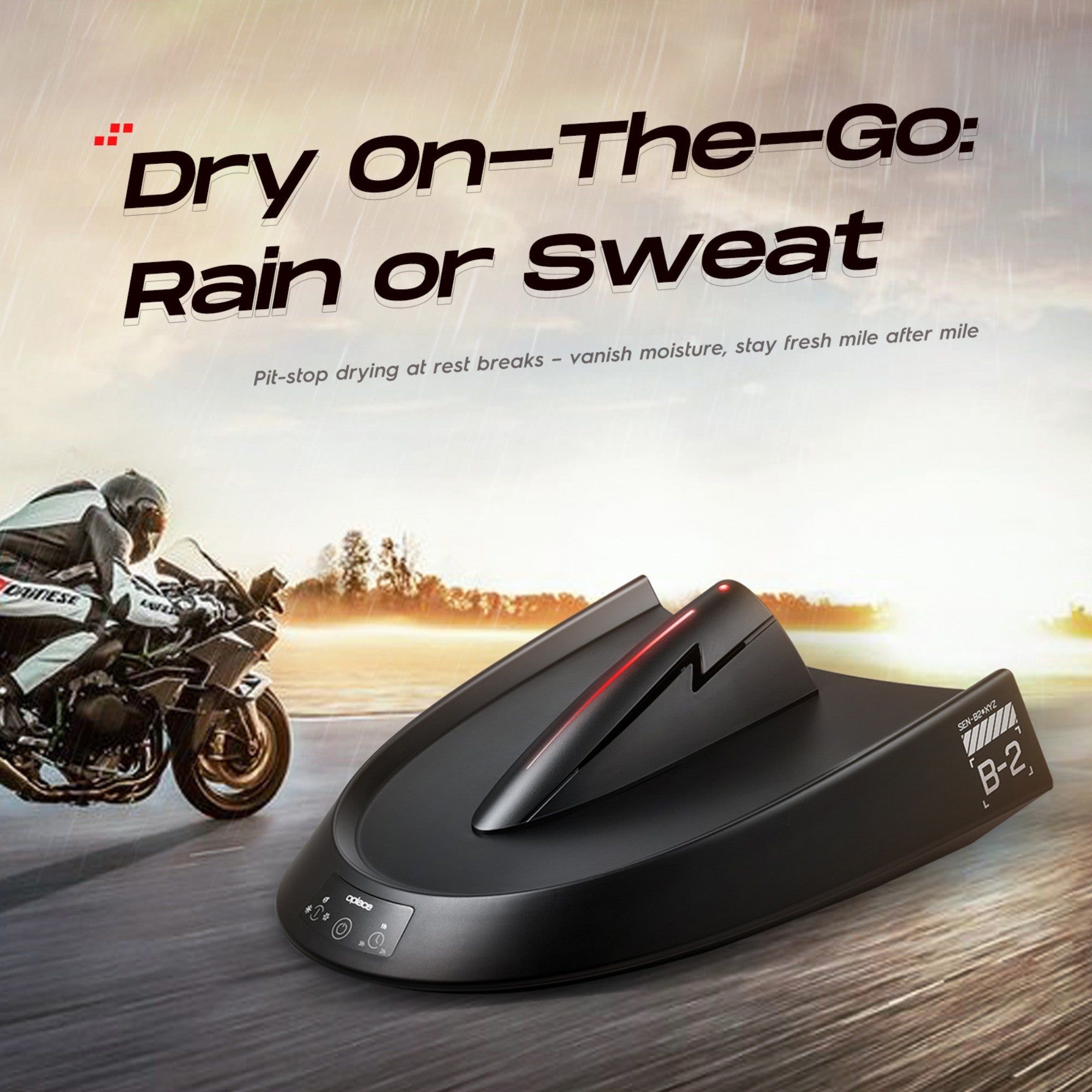 Smart Helmet and Gear Dryer Pro shown with a motorcycle scene and dry-on-the-go message