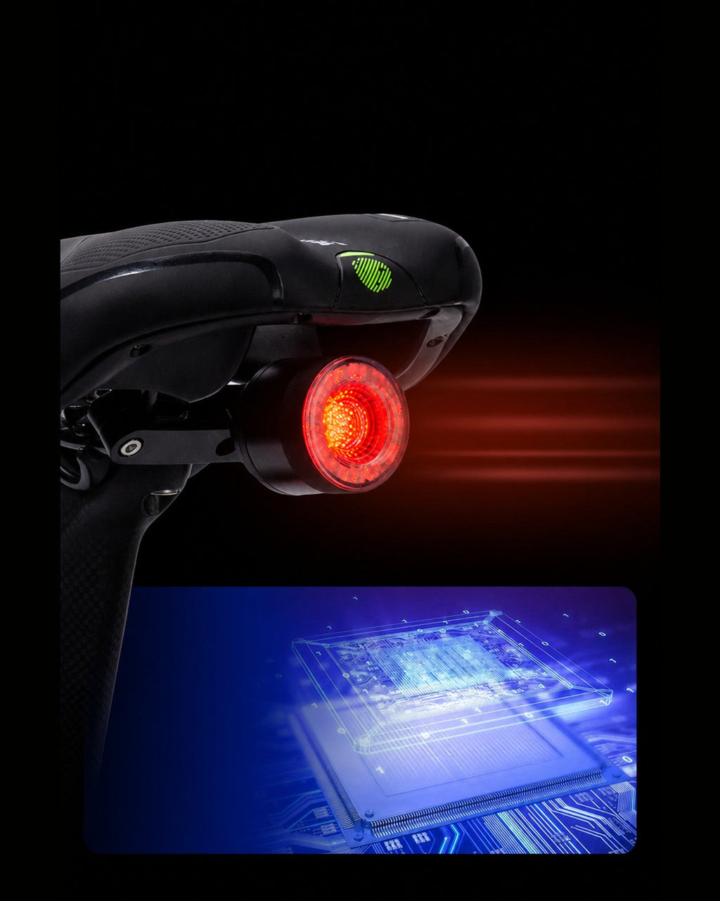 Saddle-mounted bike light shown with a red rear glow and internal component graphic