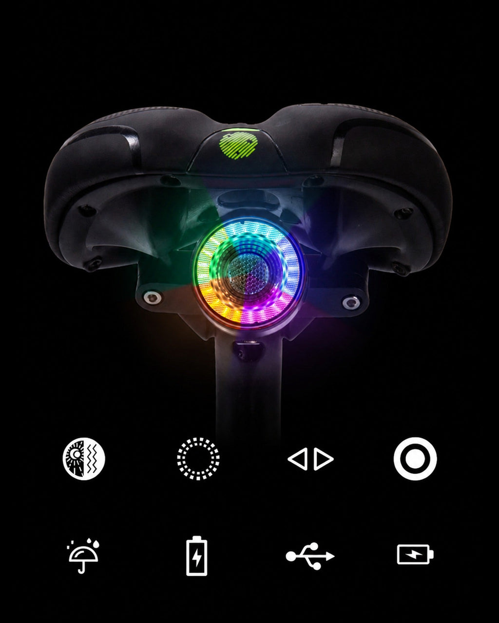 RGB halo bike light with wireless color-control icons shown on a black background