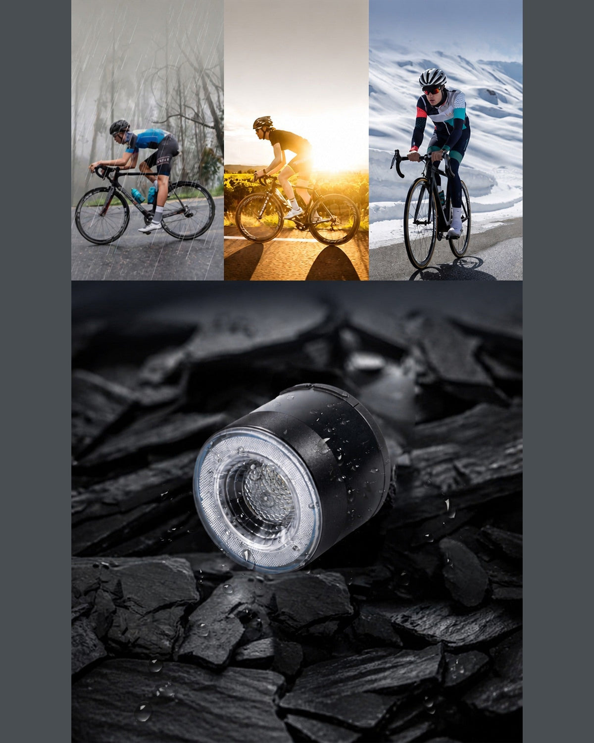 RGB halo bike light feature collage with cyclists, outdoor riding scenes and a close-up lens