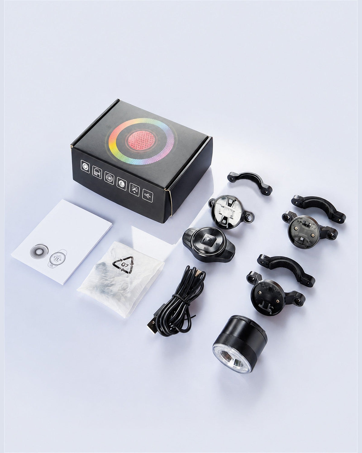 RGB halo bike light kit with retail box, two lights, remote and mounting accessories