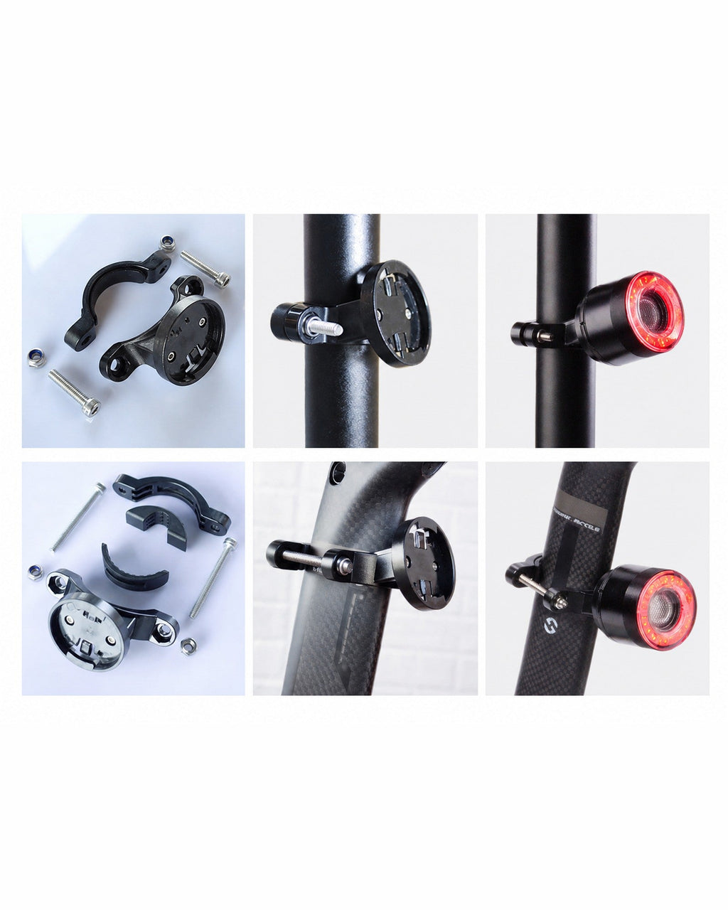 RGB halo bike light mounting collage showing brackets, straps and bicycle attachment points