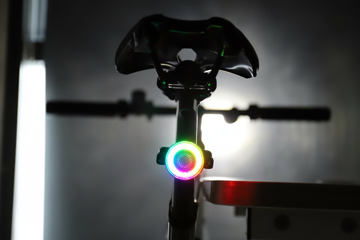 Bicycle rear view with a multicolor halo light glowing beneath the saddle