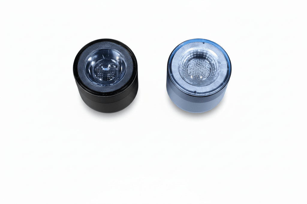 Black and clear round RGB halo bike lights shown as a pair on a white background