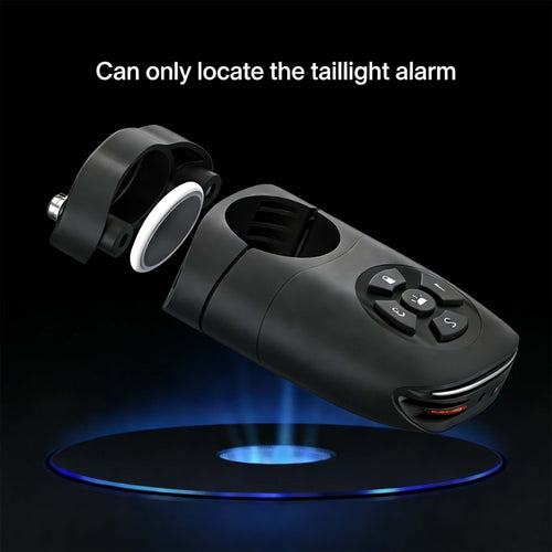 Find My-ready bike tail light and wireless remote floating above a blue-lit surface