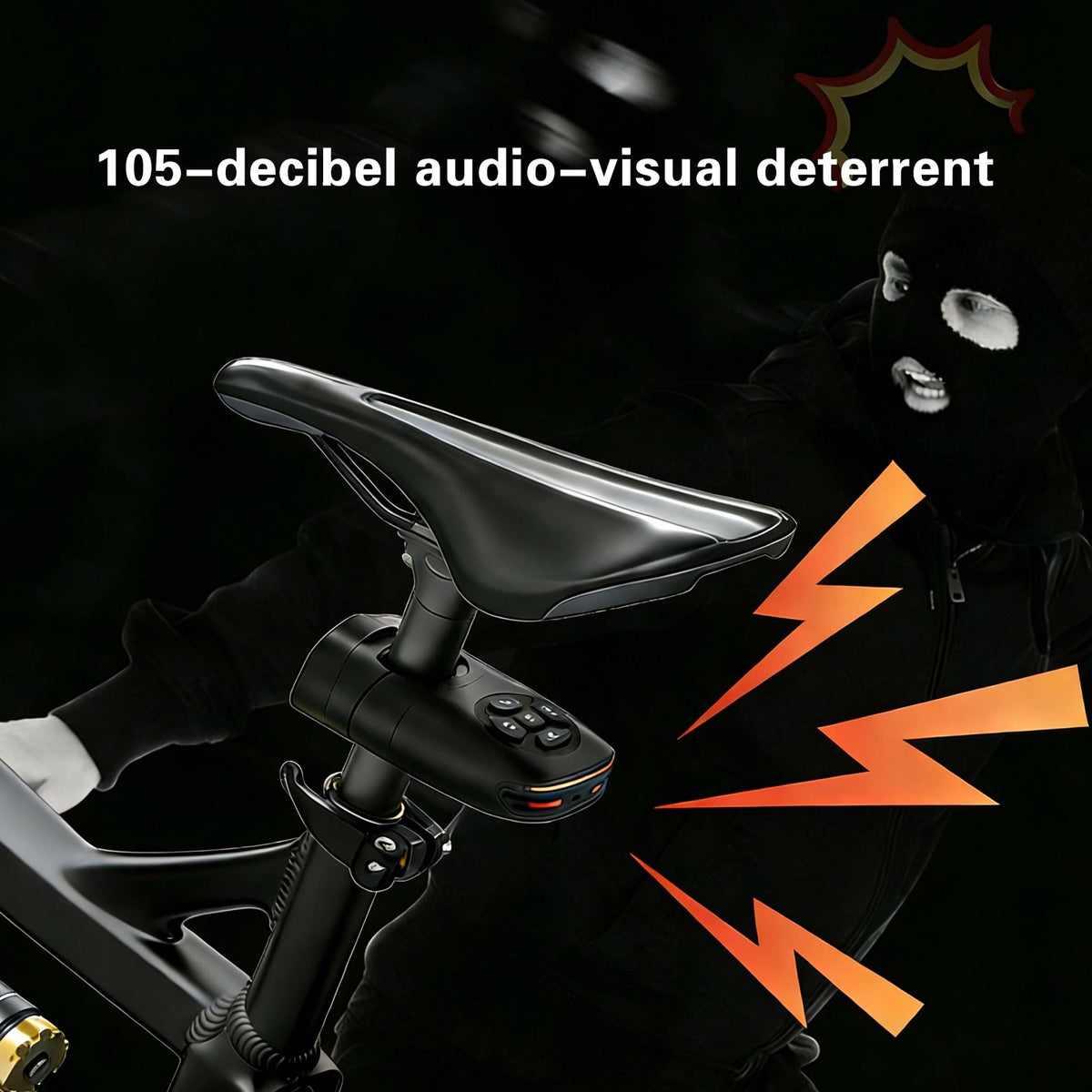 Find My-ready bike tail light mounted under a saddle with audio-visual alarm graphics