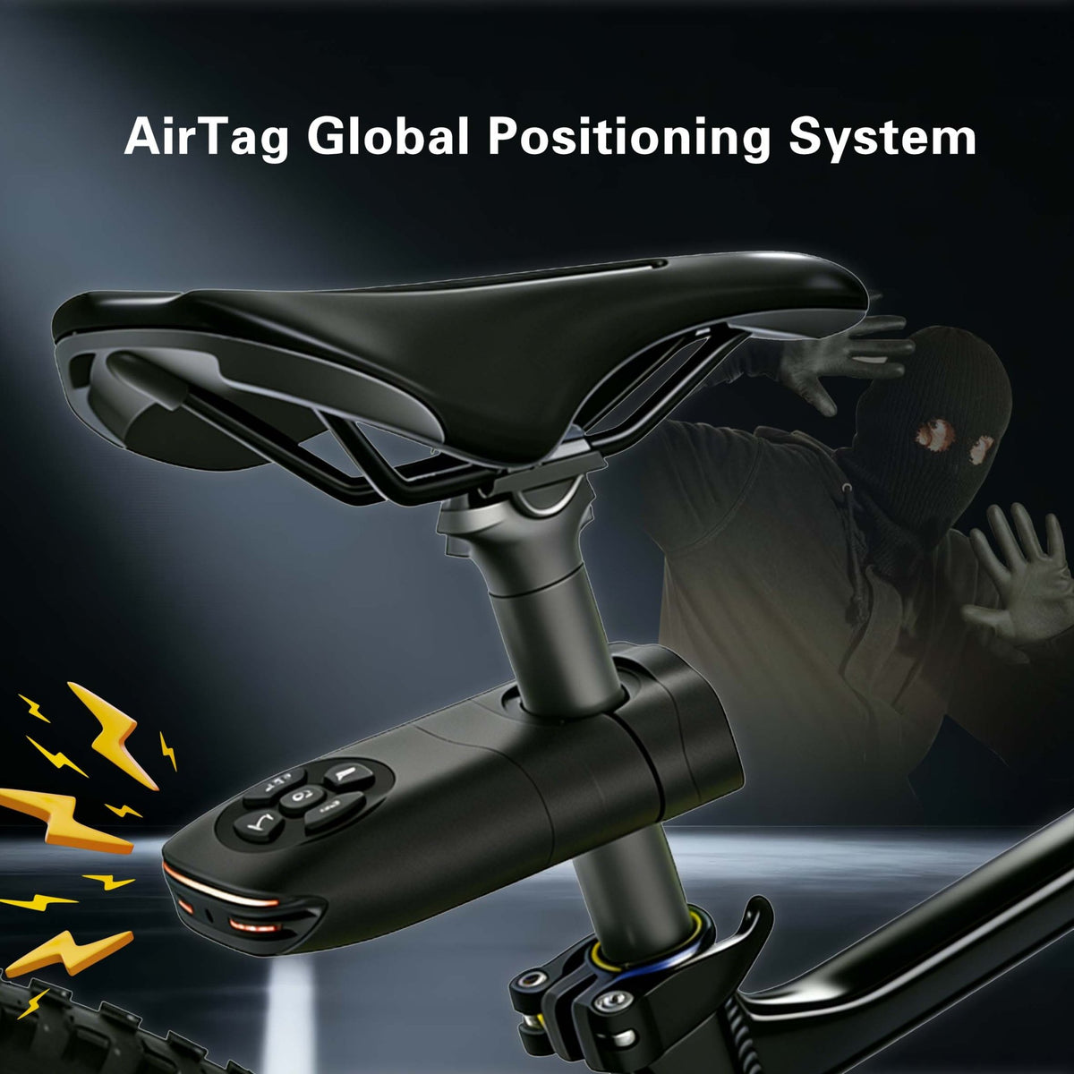 Find My-ready alarm bike tail light beneath a saddle with hidden tracker placement illustration