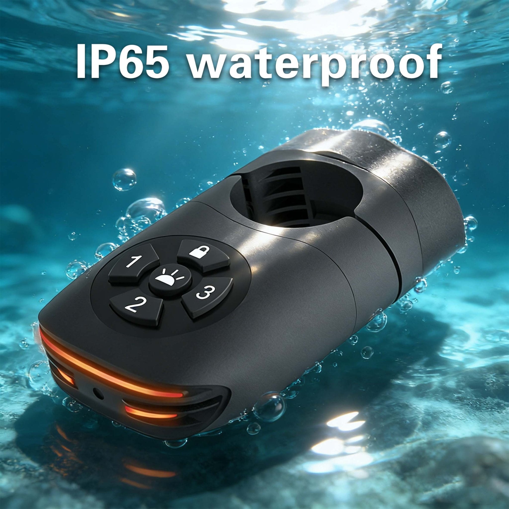 Find My-ready alarm bike tail light shown in water with IP65 waterproof text