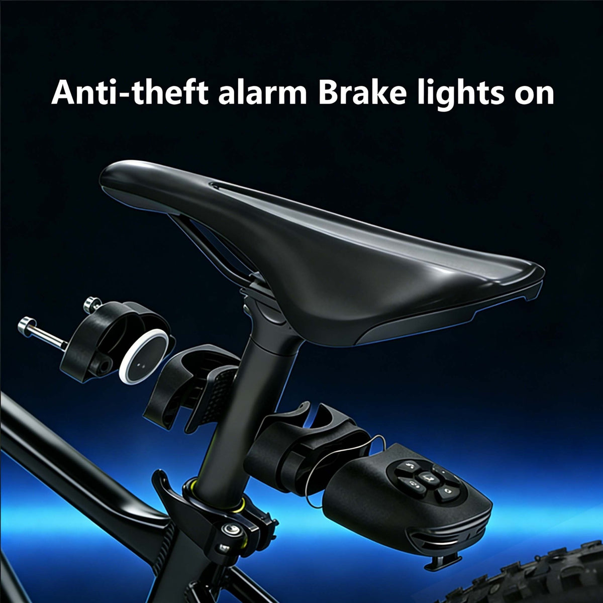 Find My-ready alarm tail light mounted beneath a bicycle saddle with remote beside the seat post