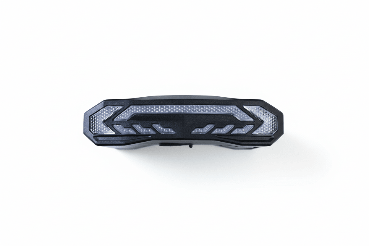 Black OPlace brake-sensing alarm bike tail light isolated on white