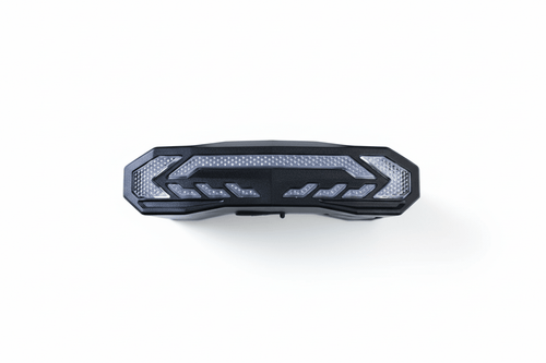 Black OPlace brake-sensing alarm bike tail light isolated on white