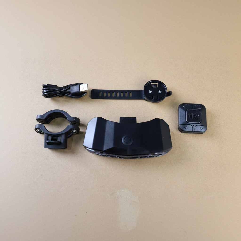 Alarm bike tail light kit with remote, mounts, strap and charging cable