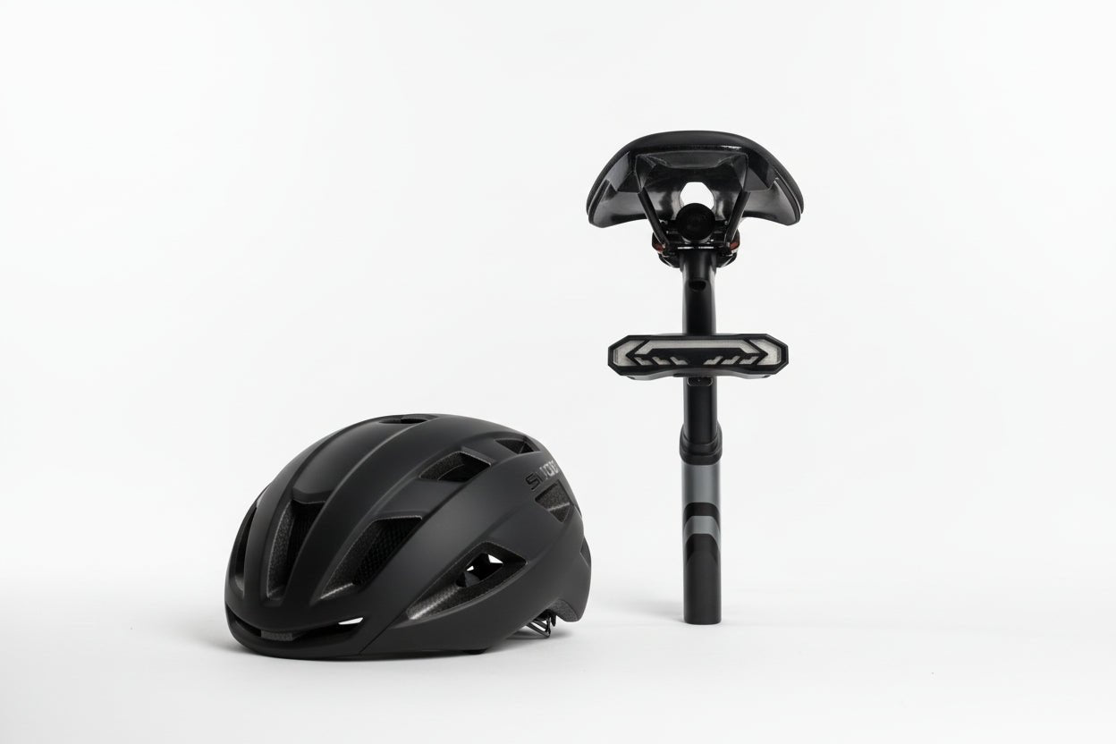 Bike helmet beside a seatpost-mounted OPlace alarm tail light on white