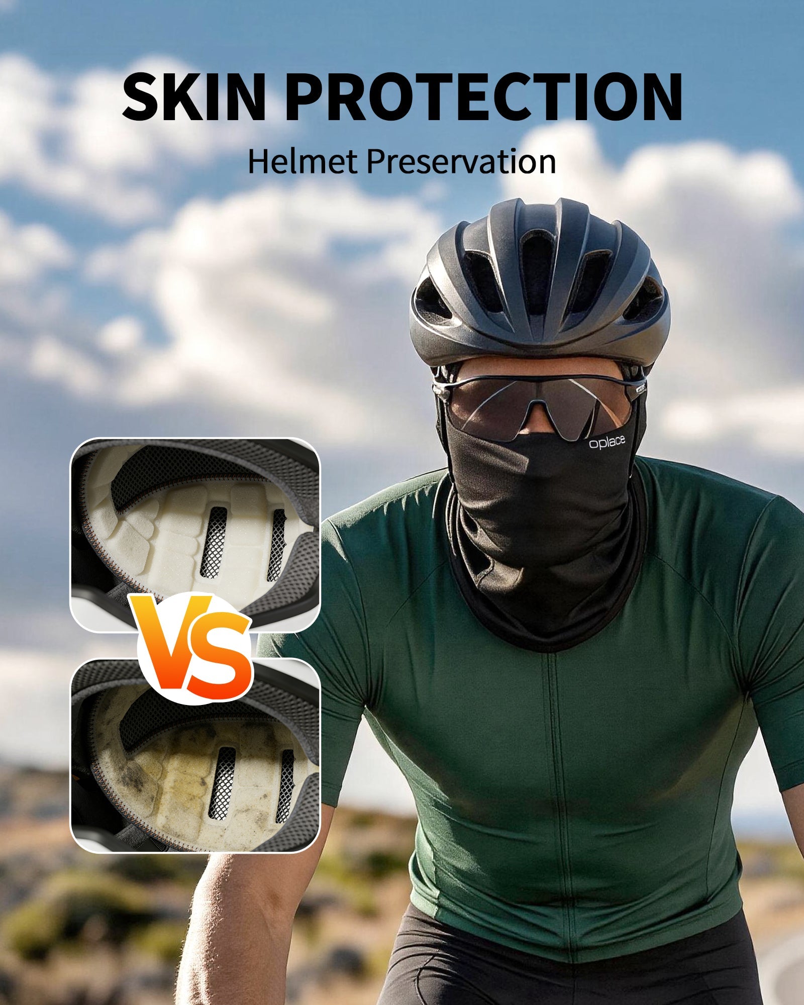 Cyclist wearing a black balaclava with helmet-liner comparison panels