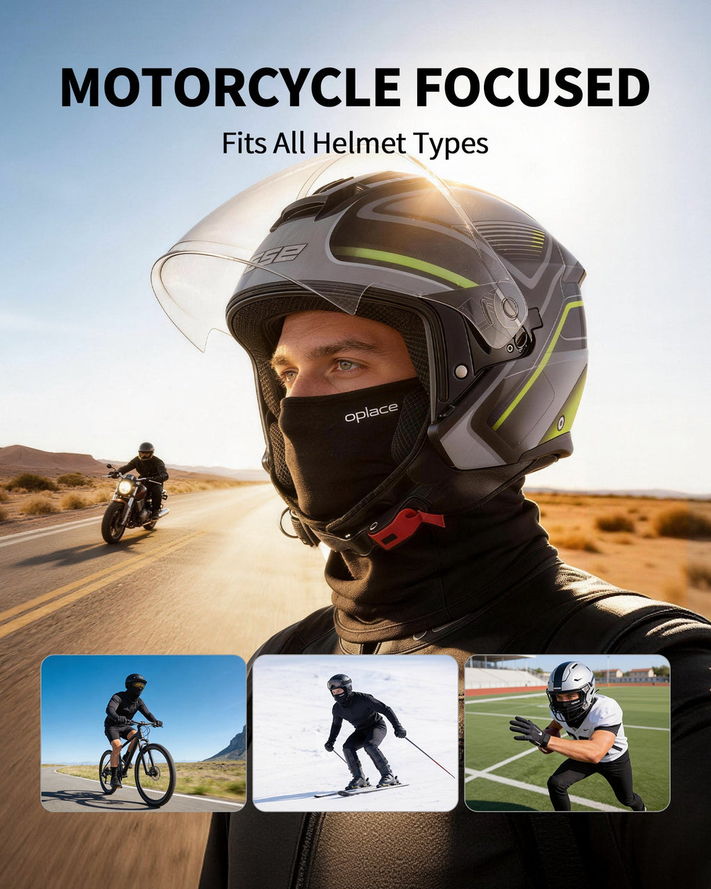 Motorcyclist wearing a black balaclava under a full-face helmet