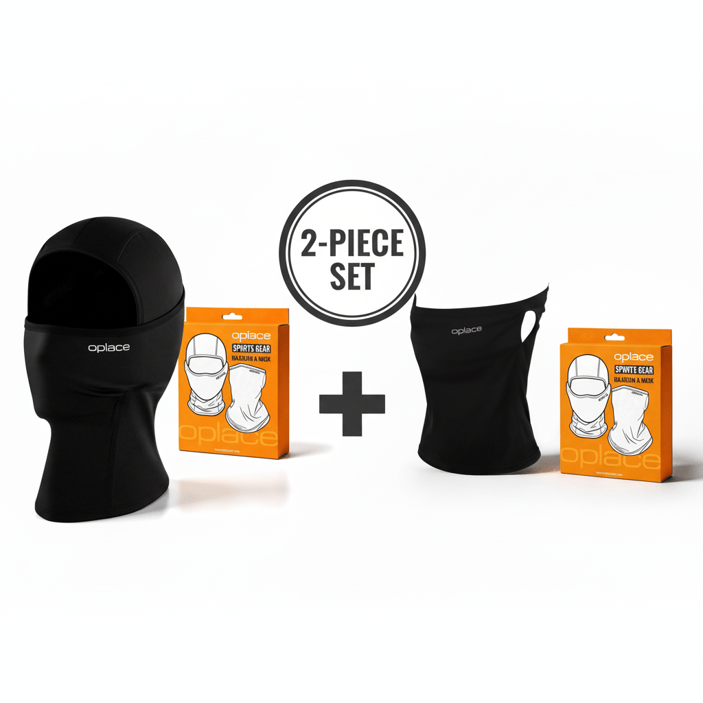 Black OPlace balaclava and neck gaiter with orange packaging as a 2-piece set