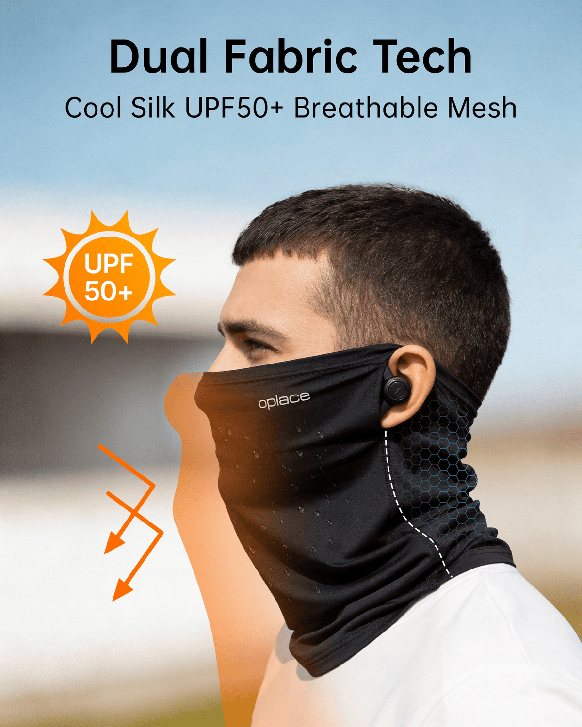 Rider wearing a black ear-slot gaiter in a dual-fabric construction infographic