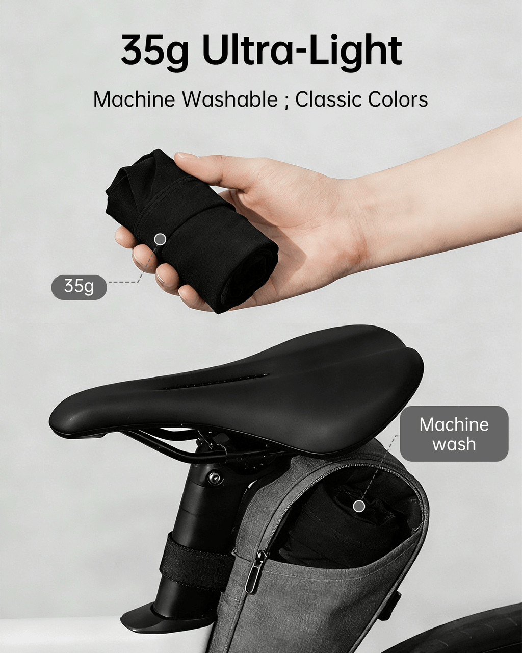 Lightweight black motorcycle gaiter shown in hand and packed under a bike saddle