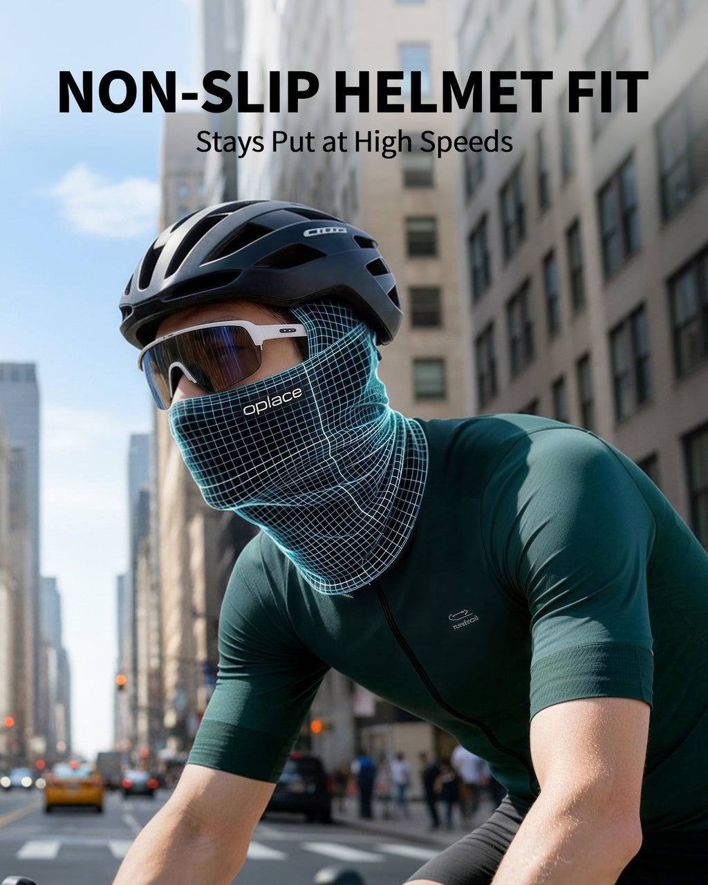 Cyclist wearing a blue-gray face covering under a helmet in an urban street