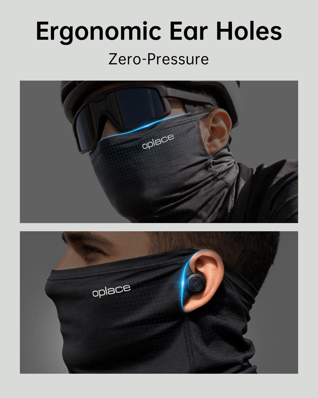 Ear-slot motorcycle gaiter shown on helmeted rider with ear close-up