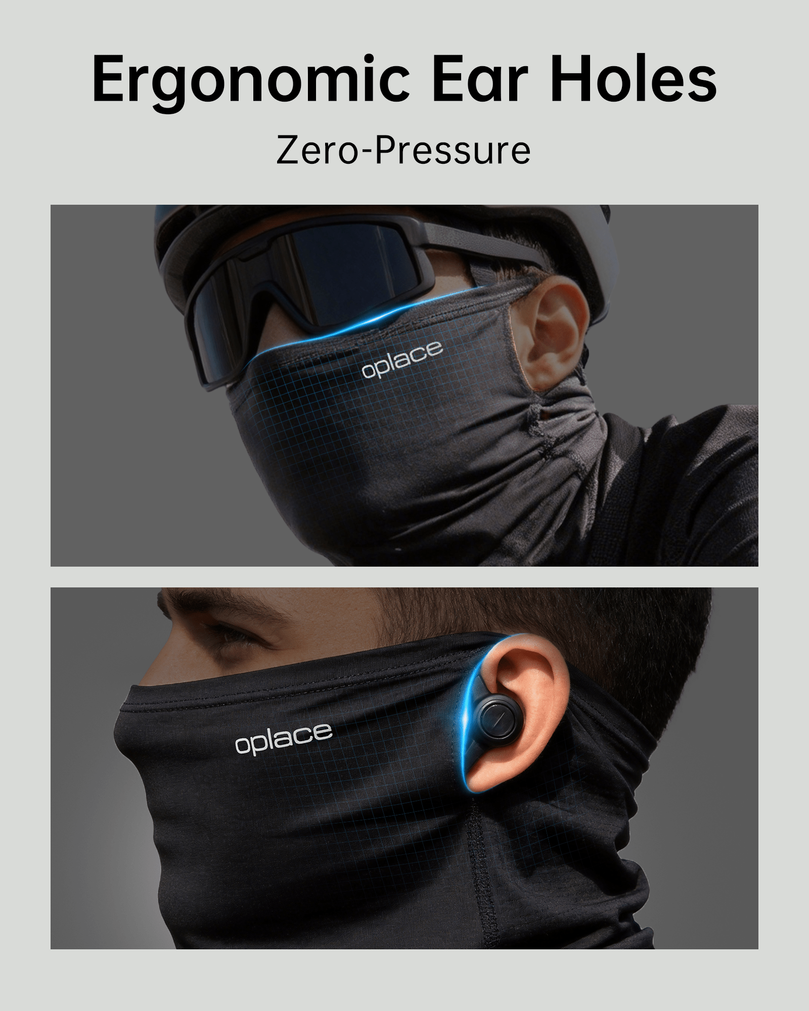 Ear-slot motorcycle gaiter shown on helmeted rider with ear close-up