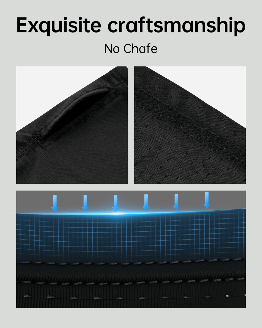 Close-up panels of black gaiter fabric, seams and breathable mesh