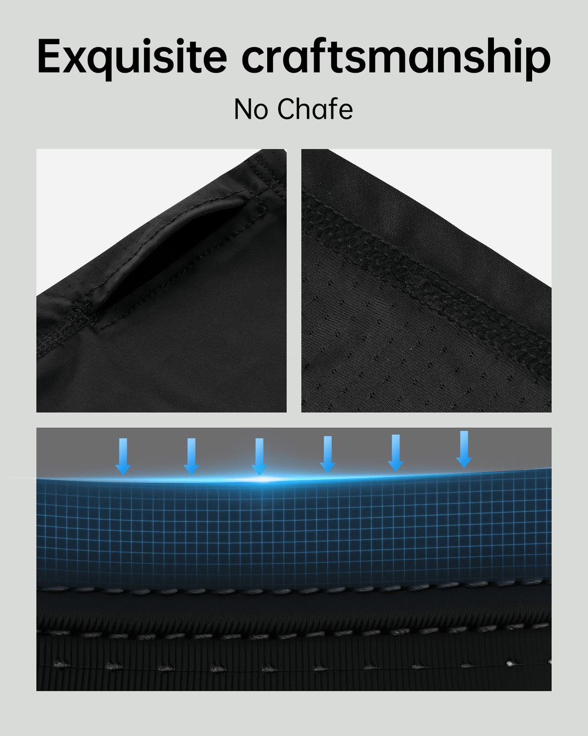 Close-up panels of black gaiter fabric, seams and breathable mesh