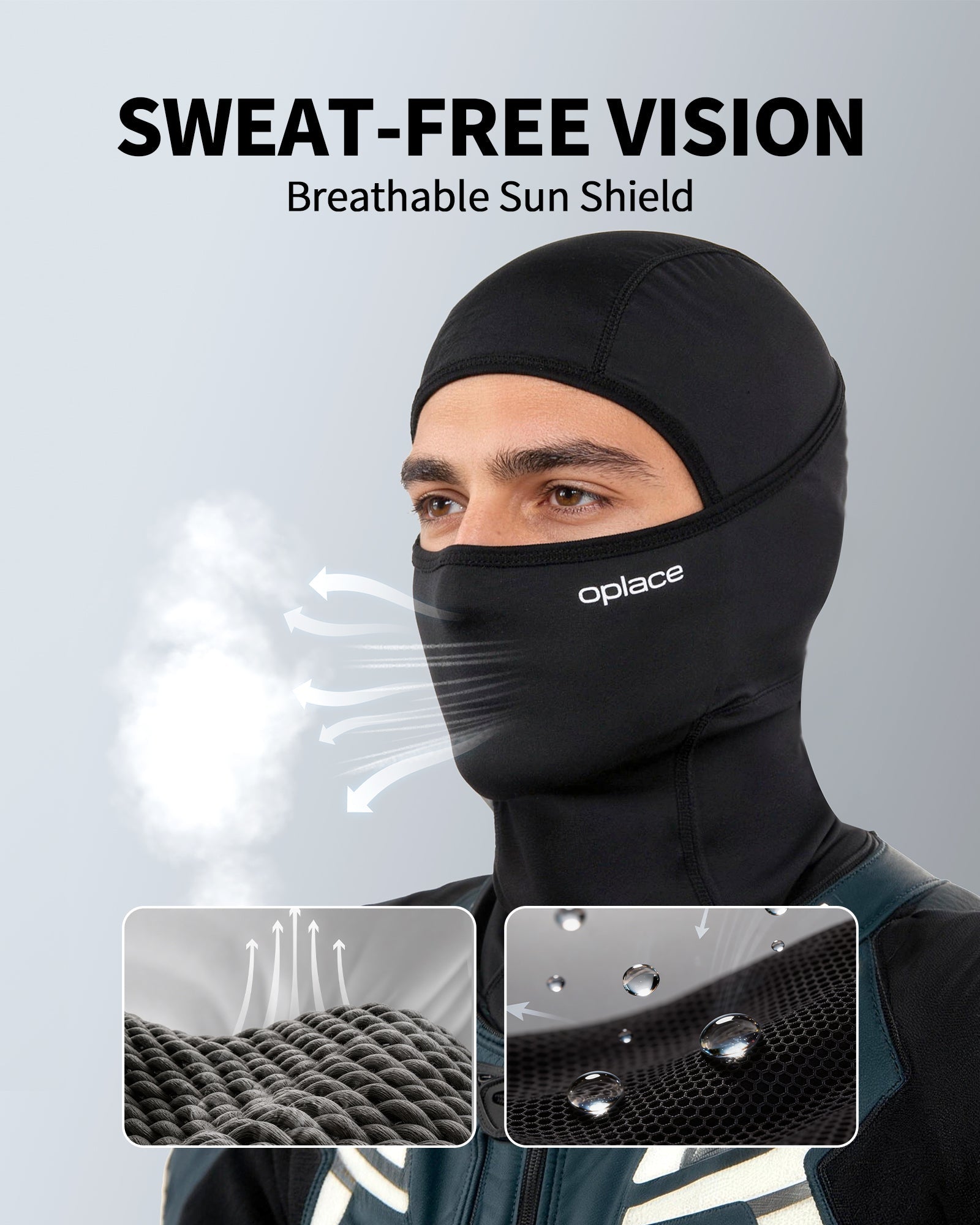 Rider wearing a black balaclava with breathable fabric detail insets