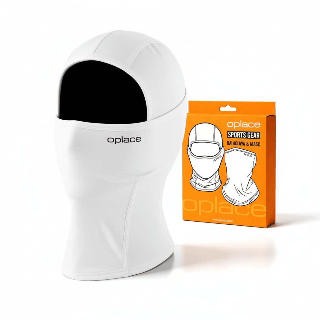 White OPlace motorcycle balaclava beside orange retail packaging