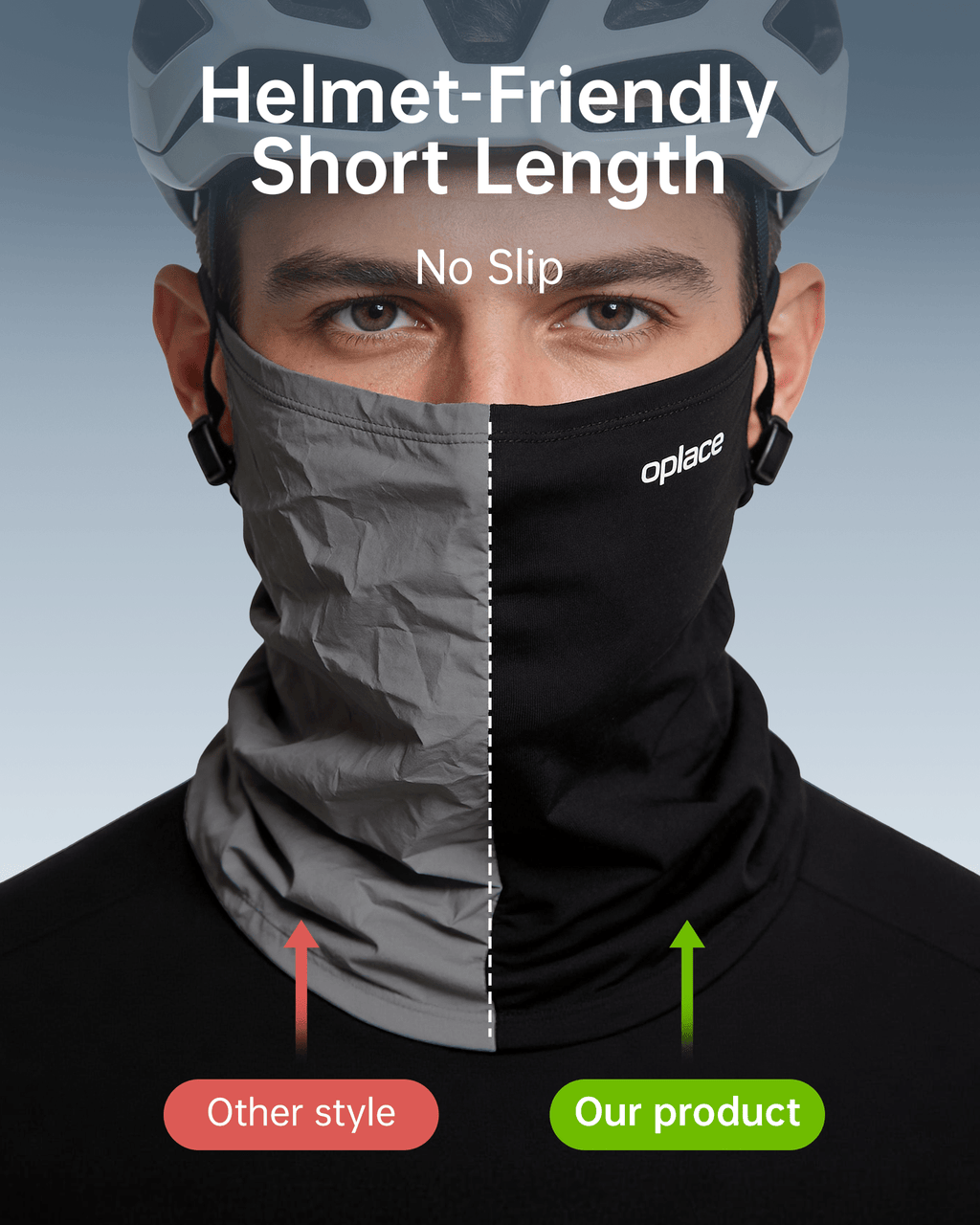 Short gray motorcycle gaiter fit comparison on a helmeted rider