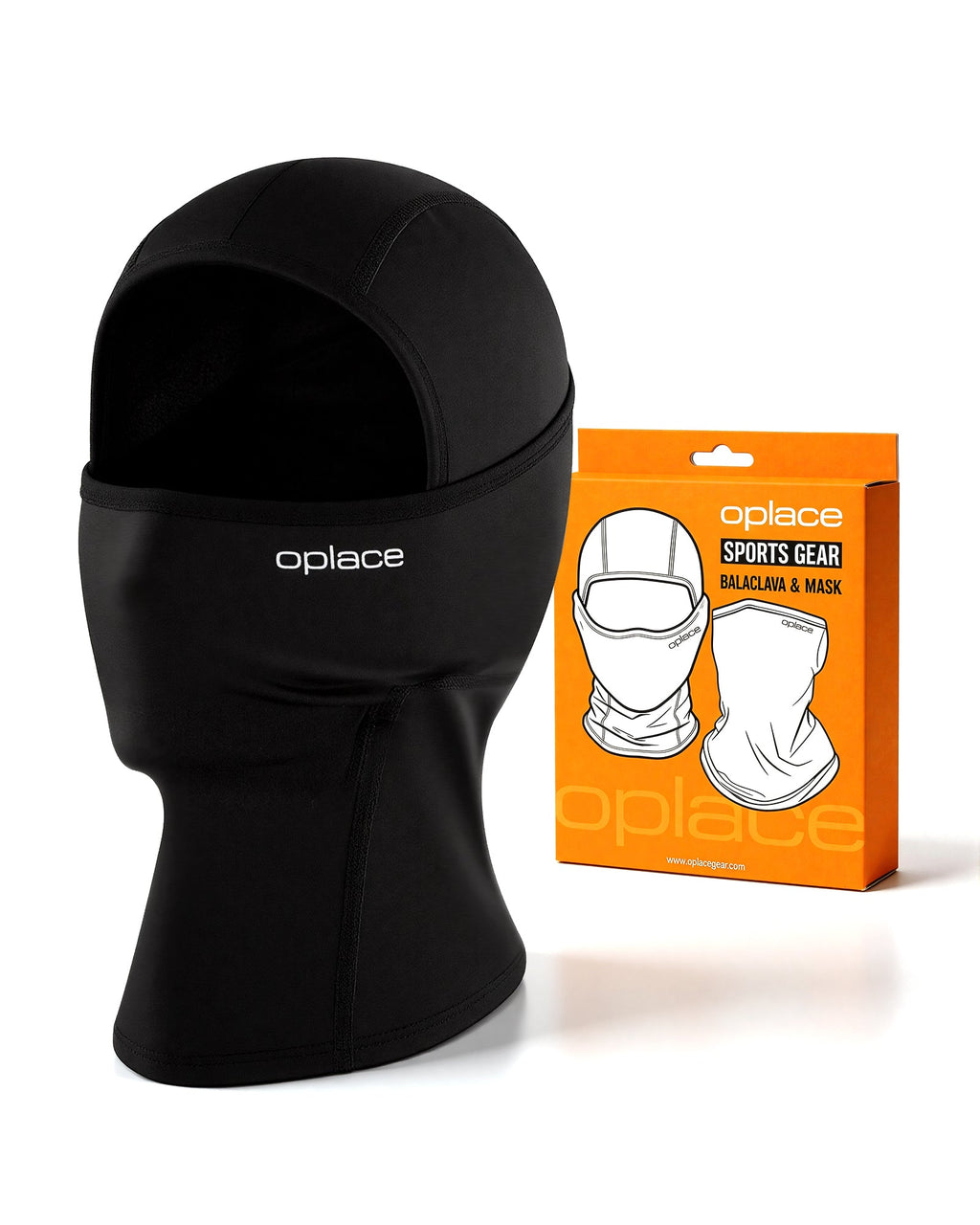 Gray OPlace motorcycle balaclava beside orange retail packaging
