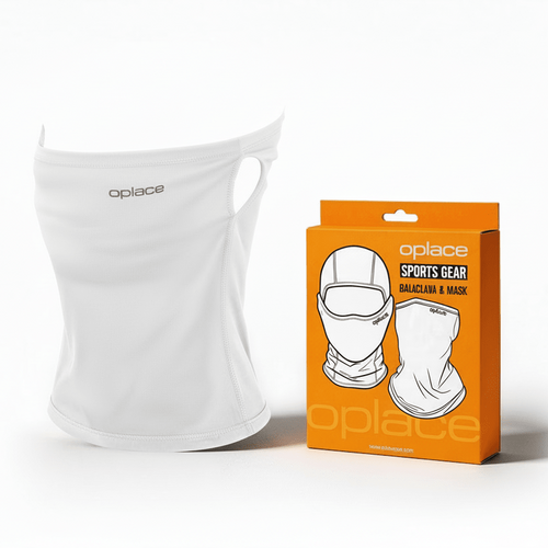 White OPlace ear-slot motorcycle neck gaiter beside orange retail packaging