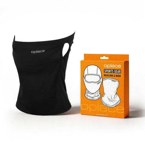 Black OPlace ear-slot motorcycle neck gaiter beside orange retail packaging